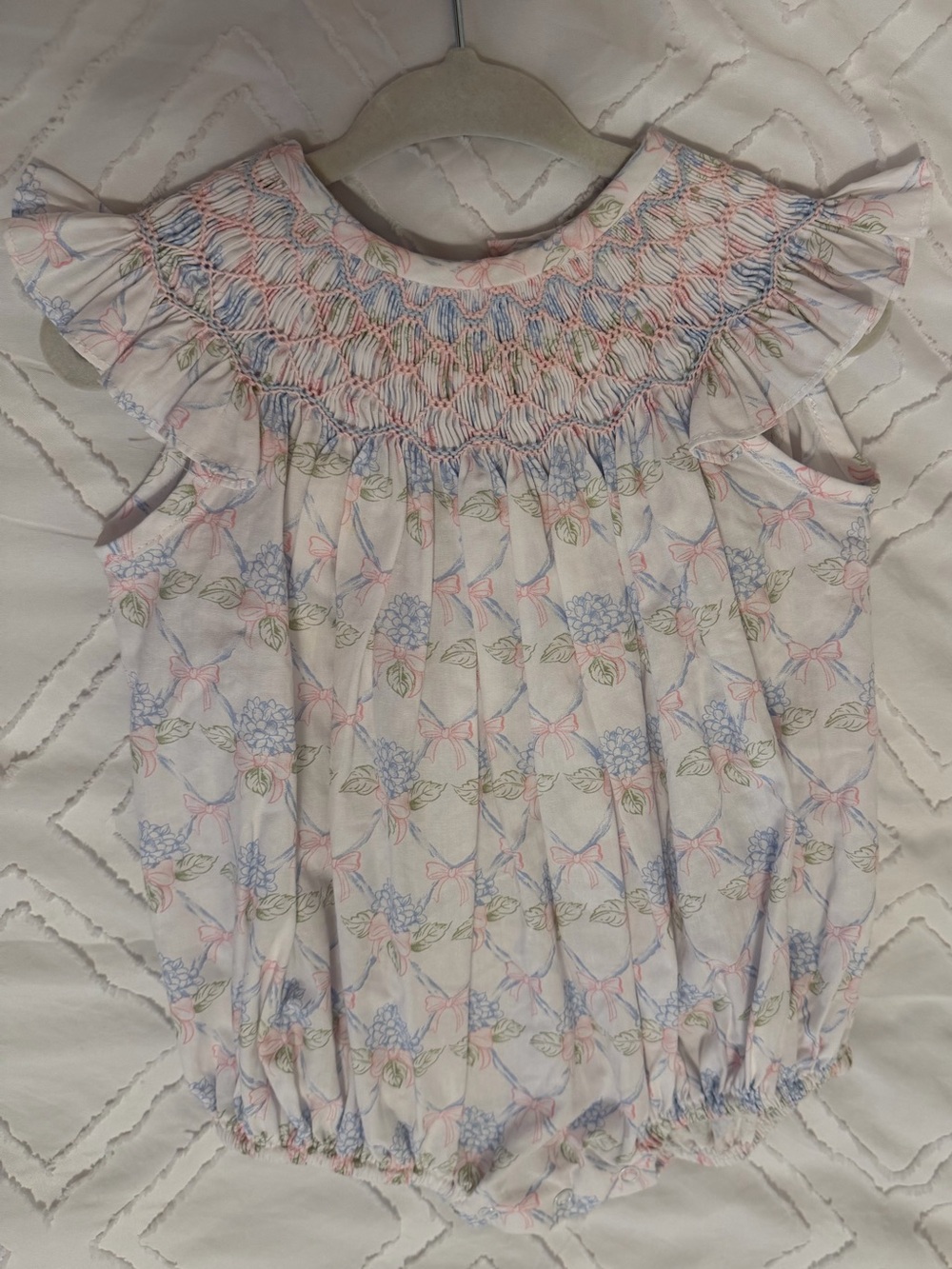 Smocked Floral & Bow Baby Bubble Romper - Pastel Blue & Pink